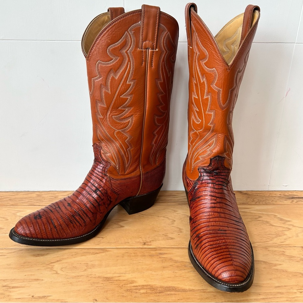 Vintage Justin Leather Lizard Cowboy Boot 9 D Brown Western Embroidery Animal